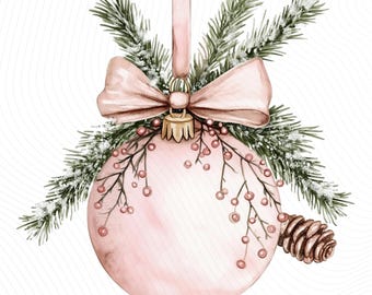 Xmas Pink Ornament Clipart, Christmas Ornament Clipart, Printable Watercolor Clipart, Junk Journal, Paper Craft, Digital Download