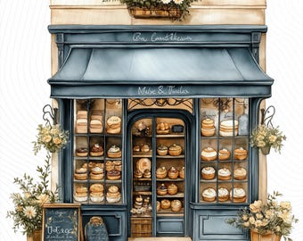 French Bakery Watercolor Clipart, Parisian Cafe Art, Printable Clipart, High Quality PNGs, Digital Download, Paper Craft, Junk Journal,