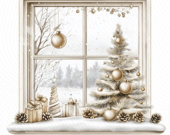 Christmas Window Clipart, Watercolor Christmas Clipart, Printable Watercolor Clipart, Junk Journal, Paper Craft, Digital Download