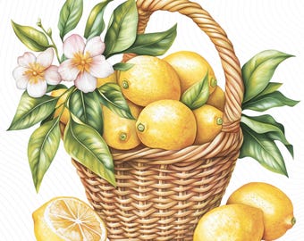Watercolor Lemon Clipart, Lemon Basket Clipart, Printable Watercolor Clipart, PaperCraft, Junk Journal, Digital Download