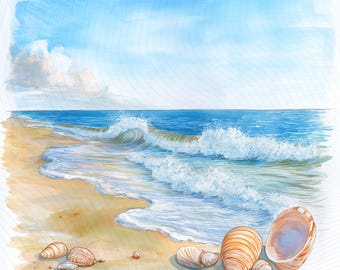 Ocean Waves Clipart, Seashells & Waves Clipart, Printable Watercolor Clipart, Paper Craft, Junk Journal, Digital Download