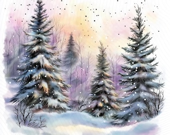 Watercolor Winter Tree Clipart, Snowy Forest Landscape, Printable Watercolor Clipart, Paper Craft, Junk Journal, Digital Download