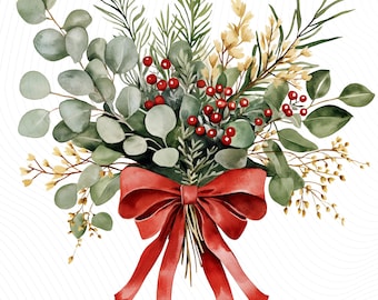 Christmas Leaves Bouquet Clipart, Christmas Floral Bouquet, Christmas Card Art, Junk Journal, Paper Crafts, Digital Download