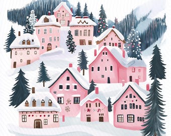 Alpine Xmas Village Clipart, Pink Christmas Village, Christmas Watercolor Clipart, Paper Craft, Junk Journal, Digital Download