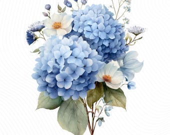 Hydrangea Bouquet Clipart, Dusty Blue Flowers, Printable Watercolor Art, Paper Craft, Junk Journal,  Digital Download