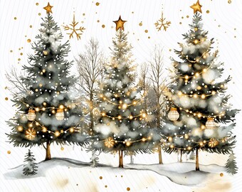 Christmas Trees Clipart, Winter Festive Clipart, Printable Watercolor Clipart, Paper Craft, Junk Journal, Digital Download