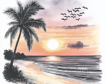 Watercolor Beach Sunset Clipart, Watercolor Ocean Clipart, Printable Watercolor Clipart, Paper Craft, Junk Journal, Digital Download