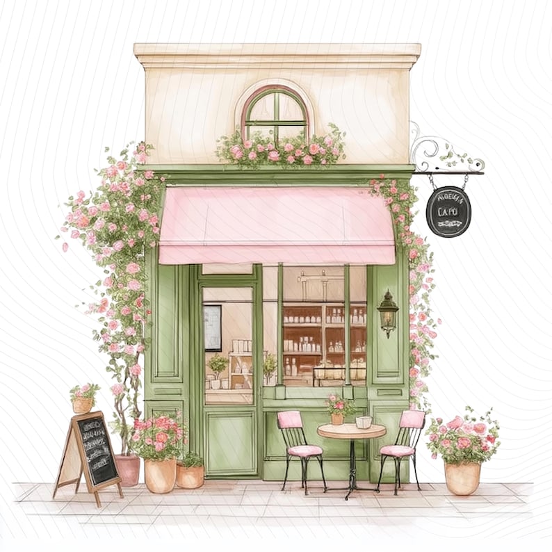 Watercolor Paris Cafe Clipart, Paris Travel Art, French Coffee Shop, Printable Watercolor Clipart, Junk Journal, Digital Download image 1