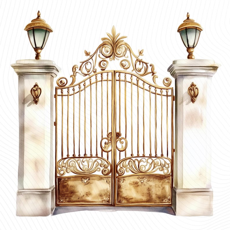 Watercolor Gold Gate Clipart, Heavenly Gates Clipart, Garden Gate ...