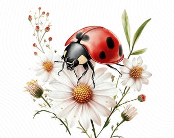 Floral Ladybug Clipart, Cute Lady Bug, Printable Watercolor Clipart, Junk Journal, Digital Download