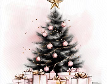 Pink Christmas Tree Clipart, Xmas Tree Clipart, Printable Watercolor Clipart, Paper Craft, Junk Journal, Digital Download