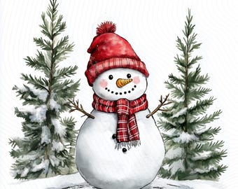 Watercolor Christmas Snowman, Cute Christmas Clipart, Printable Watercolor Clipart, Junk Journal, Paper Craft, Digital Download