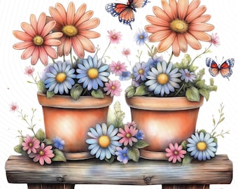 Puede incluir: Ilustración en acuarela de dos macetas de terracota llenas de flores coloridas, incluyendo margaritas melocotón y azules, sobre una estantería de madera. Mariposas con alas rojas y azules revolotean alrededor de las flores, creando una escena primaveral alegre.