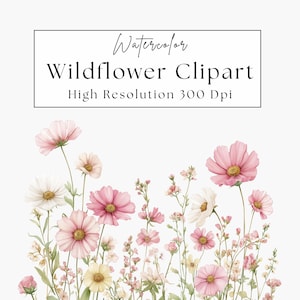 Op de afbeelding: Waterverf illustratie van wilde bloemen clipart met roze, witte en gele bloemen. De afbeelding bevat de tekst: "Watercolor Wildflower Clipart High Resolution 300 Dpi". De bloemen zijn gerangschikt in een natuurlijke, vloeiende compositie.