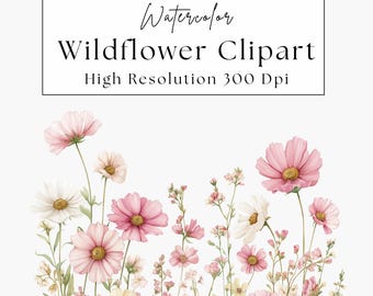 Rosa Wildblumen Clipart Bundle, Aquarell Blumen Ränder, Wildblumen Ränder, Blush rosa Blumen Clipart, digitaler Download