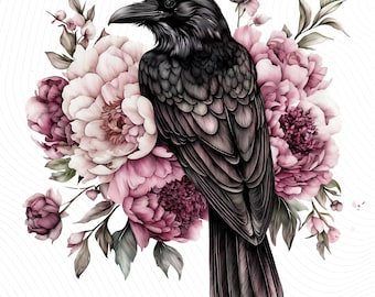Watercolor Floral Crow Clipart, Black Raven Clipart, Printable Watercolor Clipart, Paper Craft, Junk Journals, Digital Download