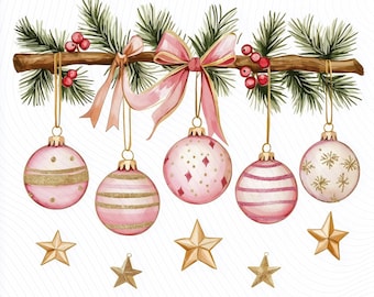 Festive Branch Pink Clipart, Christmas Art Print, Christmas Watercolor Clipart, Paper Craft, Junk Journal, Digital Download