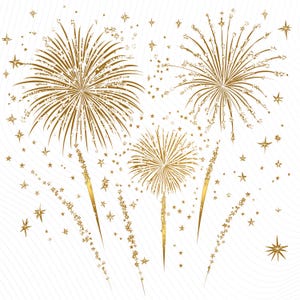 Könnte beinhalten: Goldene Feuerwerksillustration auf weißem Hintergrund. Das Design zeigt drei große Explosionen, mehrere kleinere Explosionen und zahlreiche Sterne. Die Feuerwerke haben ein strukturiertes Aussehen mit einem festlichen Thema.
