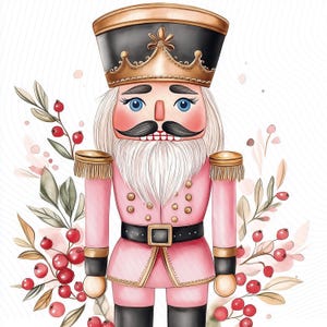 May include: A watercolor illustration of a pink nutcracker soldier with a black hat and gold crown. The nutcracker has a white beard and mustache, blue eyes, and is surrounded by red berries and green leaves. The nutcracker is wearing a black belt and boots.