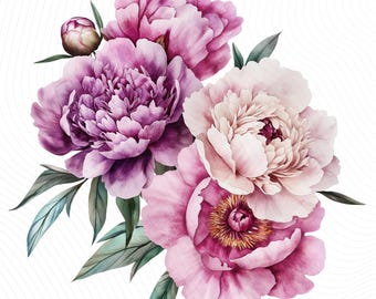 Peony Flower Clipart, Peony Bouquet Clipart, Printable Watercolor Clipart, Digital Download, Paper Craft, Junk Journal