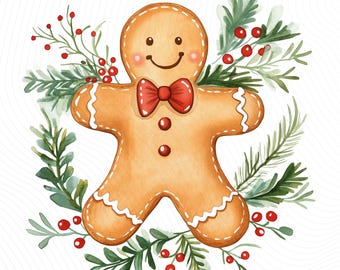 Gingerbread Man Clipart, Watercolor Christmas Clipart, Printable Watercolor Clipart, Junk Journal, Paper Craft, Digital Download