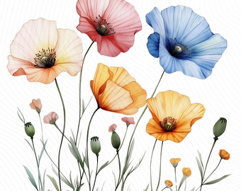 Watercolor Floral Clipart, Colorful Flower Clipart, Various Flowers Clipart, Printable Watercolor Clipart, Digital Download