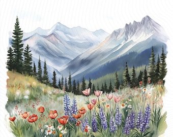 Mountain Wildflower Clipart, Wildflower Landscape, Printable Watercolor Clipart, Paper Craft, Junk Journal, Digital Download