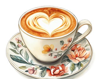 Watercolor Coffee Clipart, Romantic Coffee, Heart Latte Clipart, Paper Craft, Junk Journals, High Quality PNGs, Digital Download