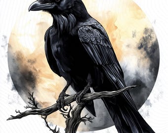 Watercolor Crow Clipart, Raven on Tree Branch Clipart, Printable Watercolor Clipart, Paper Craft, Junk Journals, Digital Download,
