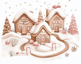 Gingerbread Village Clipart, Christmas Gingerbread Village, Christmas Watercolor Clipart, Paper Craft, Junk Journal, Digital Download