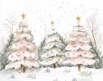 Pink Christmas Trees Clipart, Winter Festive Clipart, Printable Watercolor Clipart, Paper Craft, Junk Journal, Digital Download