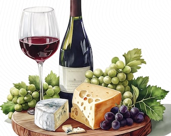 Wine And Cheese Board, Charcuterie Board Clipart, Wine Glass Clipart, Printable Watercolor Clipart, Junk Journal, Digital Download