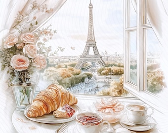 Paris Breakfast Clipart, Eiffel Tower Clipart, Chic Paris Scene, Printable Watercolor, Paper Craft, Junk Journal, Digital Download