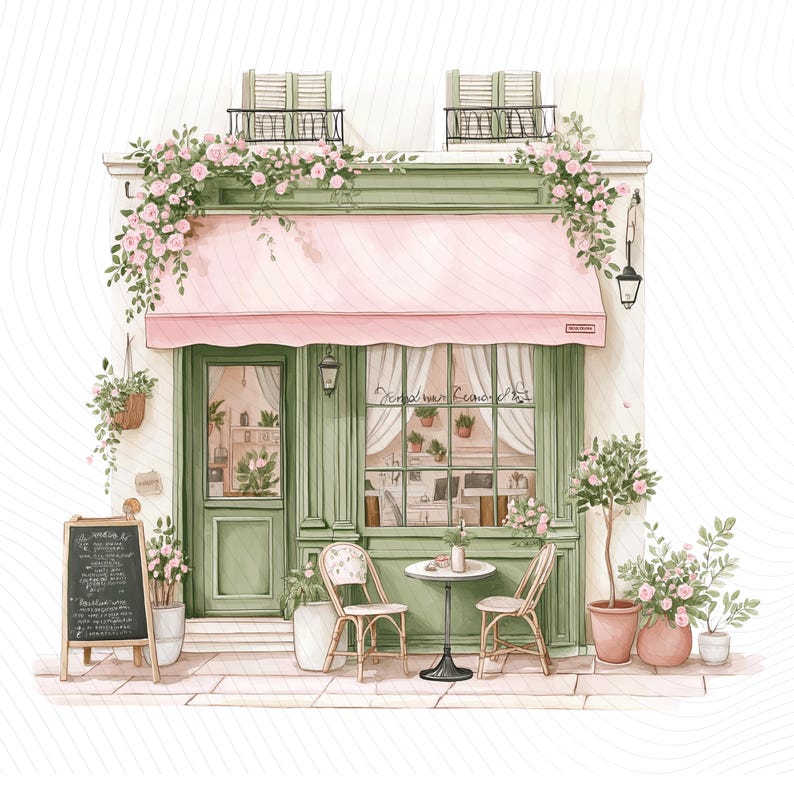 Watercolor Paris Cafe Clipart, Paris Travel Art, French Coffee Shop, Printable Watercolor Clipart, Junk Journal, Digital Download image 2