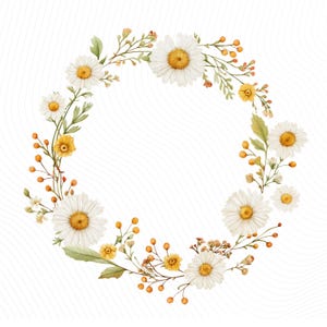 May include: Watercolor illustration of a floral wreath. The wreath features white daisies with yellow centers, small yellow flowers, and orange berries. Green leaves and stems complete the circular design, set against a white background.