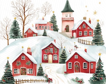 Christmas Village Clipart, Christmas Card Art, Printable Watercolor Clipart, Paper Craft, Junk Journal, Digital Download