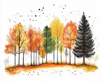 Autumn Tree Clipart, Gold Autumn Trees, Printable Watercolor Clipart, Paper Craft, Junk Journal, Digital Download