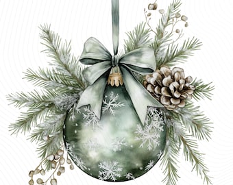 Green Christmas Decor Clipart, Watercolor Christmas Baubles, Printable Watercolor Clipart, Junk Journal, Paper Craft, Digital Download