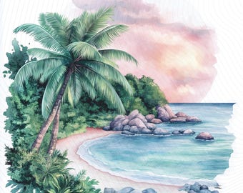 Watercolor Tropical Island Clipart, Pink Tropical Beach, Printable Watercolor Clipart, Paper Craft, Junk Journal, Digital Download