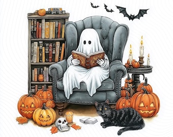Halloween Clipart, Ghost Clipart, Ghost Reading Books Clipart, Cozy Halloween Theme, Digital Download,
