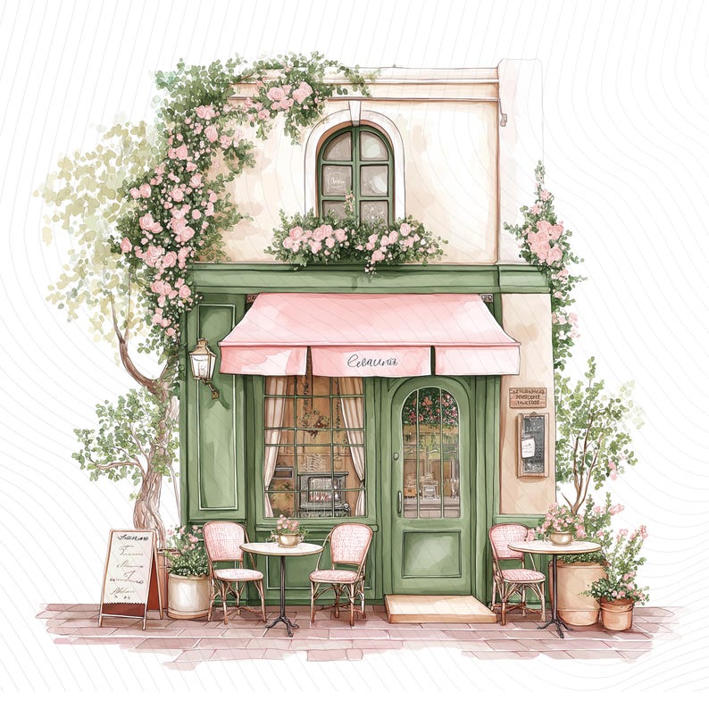 Watercolor Paris Cafe Clipart, Paris Travel Art, French Coffee Shop, Printable Watercolor Clipart, Junk Journal, Digital Download image 3