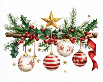 Festive Branch Red Clipart, Festive Decor Clipart, Christmas Watercolor Clipart, Paper Craft, Junk Journal, Digital Download