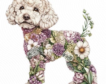 May include: A whimsical illustration of a poodle composed of various flowers in shades of white, purple, pink, and green. The dog's head and fur are a creamy white, while its body is formed by an array of floral blooms. A sprig of greenery extends from the tail.