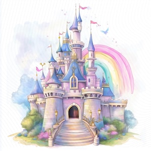Watercolor Princess Castle Clipart: Fairytale PNG Images (Digital Download