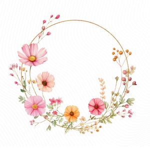 Può includere: Illustrazione ad acquerello di una ghirlanda floreale. La ghirlanda è composta da fiori rosa, arancioni e gialli, con foglie verdi e una cornice circolare dorata. Lo sfondo è bianco con sottili linee ondulate.