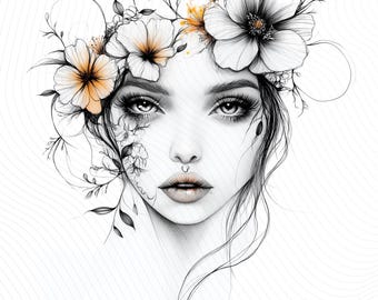Floral Woman Face Clipart, Delicate Line Art, Face Line Art Clipart, Printable Watercolor, Paper Craft, Junk Journal, Digital Download