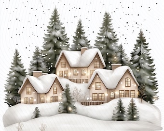 Christmas Beige Village, Christmas Village Houses, Printable Watercolor Clipart, Paper Craft, Junk Journal, Digital Download