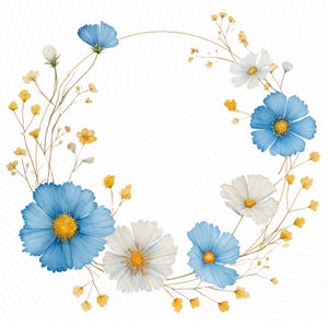 Könnte beinhalten: Aquarellillustration eines Blumenkranzes. Der Kranz zeigt blaue und weiße Kosmosblumen mit gelben Zentren und kleine gelbe Blüten. Die Blumen sind um einen goldfarbenen kreisförmigen Rahmen auf weißem Hintergrund angeordnet.