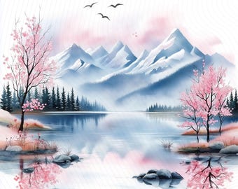 Lake Landscape Clipart, Lake Scene Clipart, Watercolor Landscape, Printable Watercolor Clipart, Paper Craft, Junk Journal, Digital Download