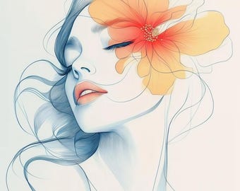 Floral Woman Face Clipart, Delicate Line Art, Wall Art, Printable Watercolor Clipart, Paper Craft, Junk Journal, Digital Download